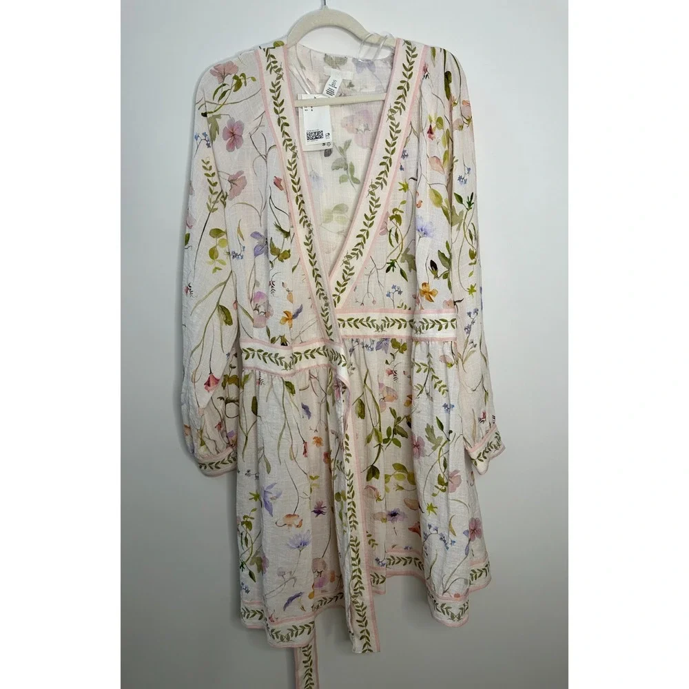 NWT H&M Floral Wrap Dress Large Fairy Botanical LS Feminine Brunch Wedding Chic - Picture 2 of 16